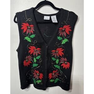 Bobbi Brooks Xmas Holiday Vest Button Front Black Red Medium( 8-10) Poinsettia